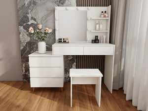 English Elm LED Lighted Makeup Vanity Table with Mirror, Ancient White Melamine, Stool, Drawers & Organizer Elegance W2139P306365
