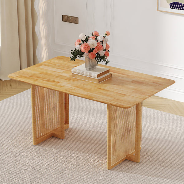 English Elm Chinese country retro solid dining table with imitation rattan legs, solid rubber frame, versatile desk Wood W1151P154592