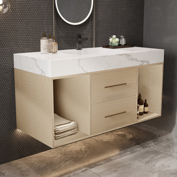 English Elm 39.4 Inch Floating Bathroom Vanity Sintered Stone Top Solid Wood 2 Soft Close Drawers W3136S00030