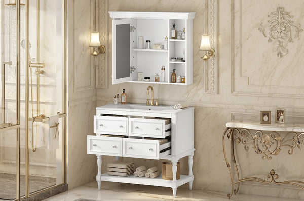 English Elm 36'' Modern Bathroom Vanity with Ceramic Sink and Medicine Cabinet, Solid Wood Frame, 4 Drawers, Waterproof Finish White SW000138AAK-1