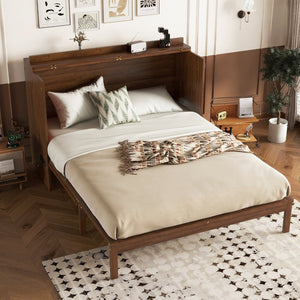 English Elm Queen Size Murphy Bed - Stylish Pine Wood Cabinet With Power Station & Rattan Panel For Space-Saving W504S00234-GIGA