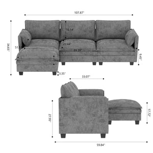 English Elm 107.8'' Large L-Shaped 3-Seater Sofa With Movable Ottoman & Pockets - Modern Comfort For Any Space W680S00046
