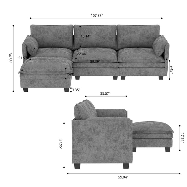 English Elm 107.8'' Large L-Shaped 3-Seater Sofa With Movable Ottoman & Pockets - Modern Comfort For Any Space W680S00046