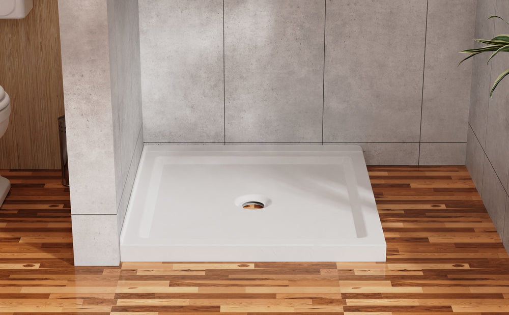 English Elm Goodyo Corner Shower Pan Acrylic Slate Textured Anti-slip Base with Center Drain D163121899