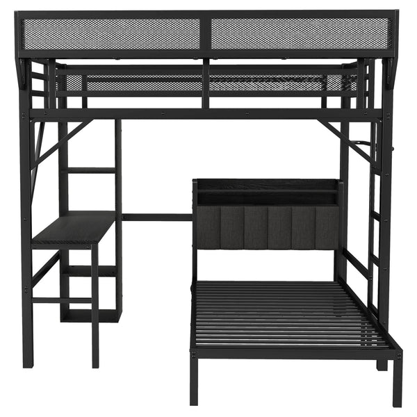English Elm Full Full over Twin Metal Bunk Bed with Desk, Bookshelves, LED Lighting & USB Charge Station, Black W2580S00040