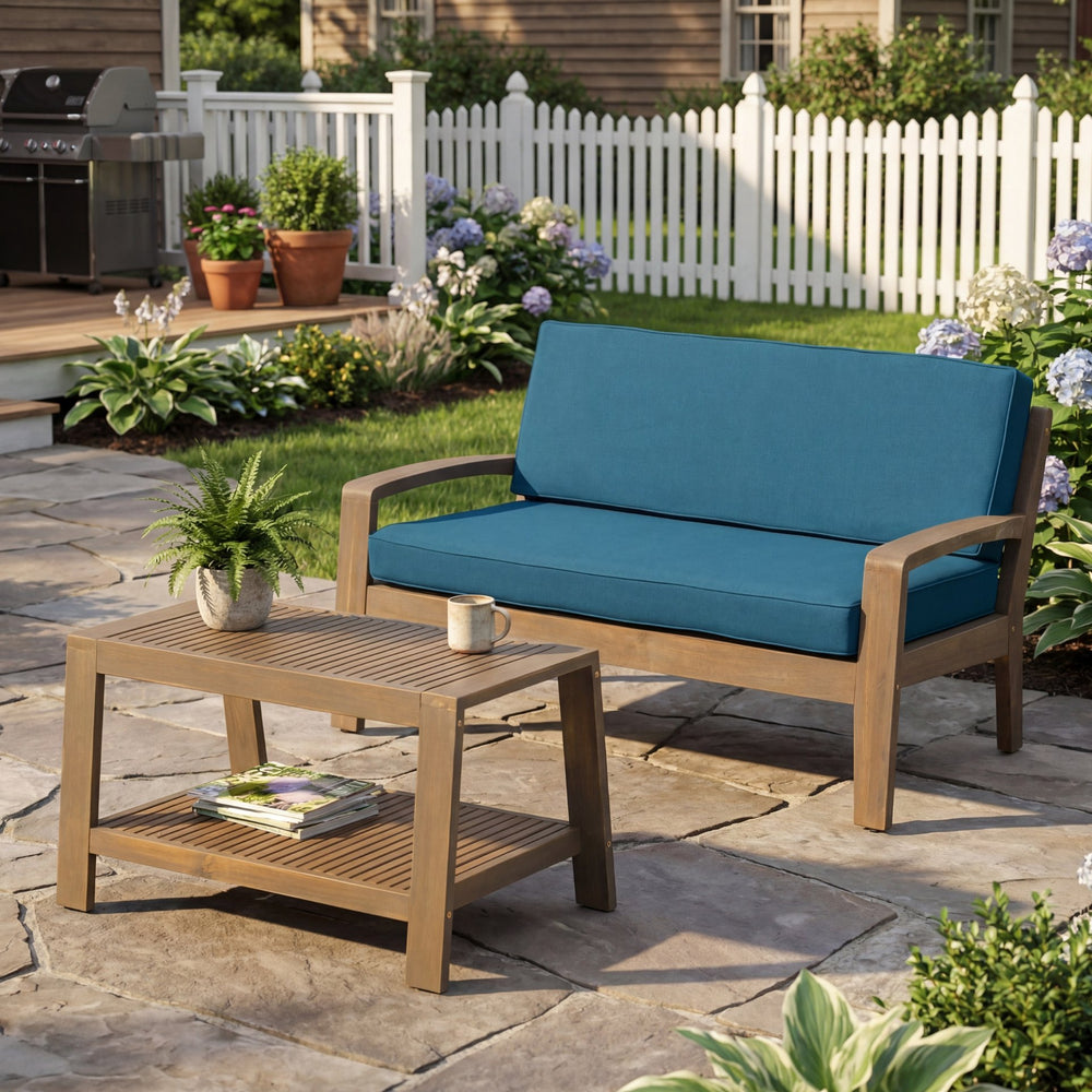 English Elm 2-piece Outdoor Acacia Wood Loveseat Set with Water-resistant Cushions for Patio Decks 57976.00SETFGRY_57976.00SETCUSH-DTSKIN