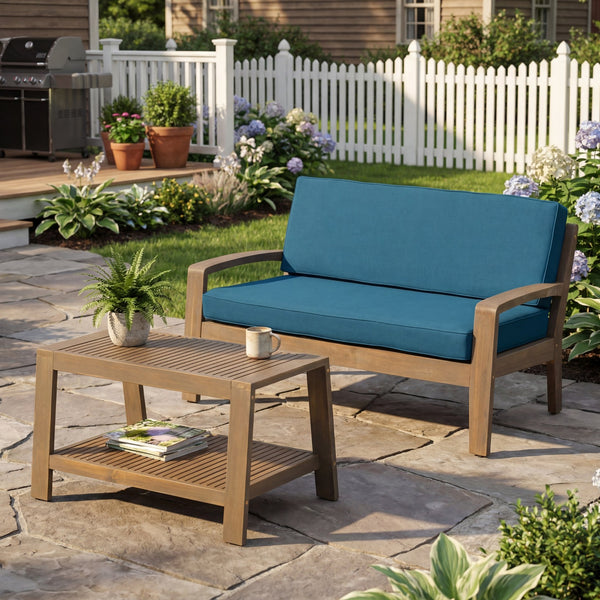 English Elm 2-piece Outdoor Acacia Wood Loveseat Set with Water-resistant Cushions for Patio Decks 57976.00SETFGRY_57976.00SETCUSH-DTSKIN