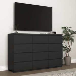 English Elm 12 Drawer Wide Double Dresser Modern Symmetrical Wood Storage Chest for Bedroom Black W409S00016