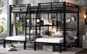 English Elm Queen Triple Metal Bunk Bed For Space-Saving, Stylish Sleep With Storage Shelves & Stairs, Black W1580S00210-GIGA