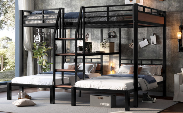 English Elm Queen Triple Metal Bunk Bed For Space-Saving, Stylish Sleep With Storage Shelves & Stairs, Black W1580S00210-GIGA