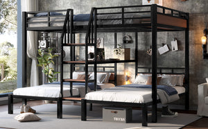 English Elm Twin Triple Bunk Bed Black Metal Frame with Built-in Storage Stairs and Shelves W1580S00620