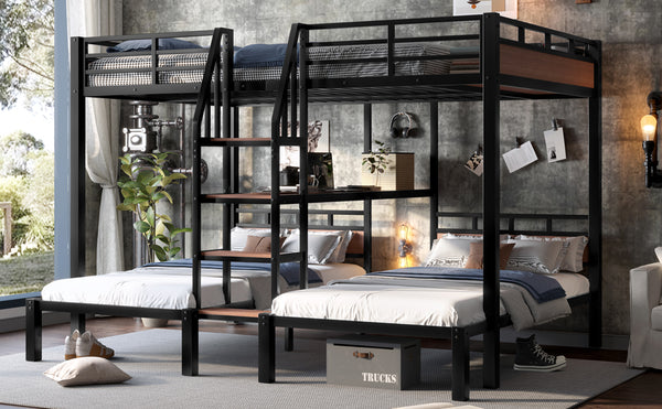 English Elm Twin Triple Bunk Bed Black Metal Frame with Built-in Storage Stairs and Shelves W1580S00620