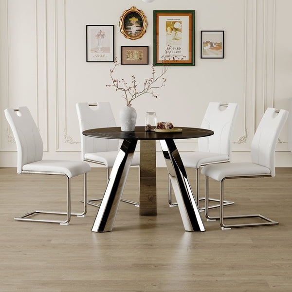English Elm Table 5-Piece Modern Dining Set: 42-Inch Sintered Stone Round Table & 4 Ergonomic White Chairs W2920S00015-GIGA