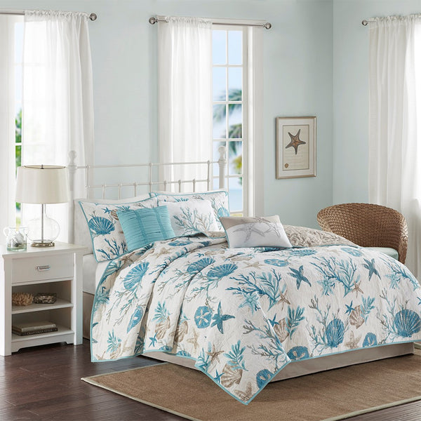English Elm 6 Piece Cotton Sateen Quilt Set - Coastal Aqua Design With Decorative Pillows For King/Cal King Beds B03597653