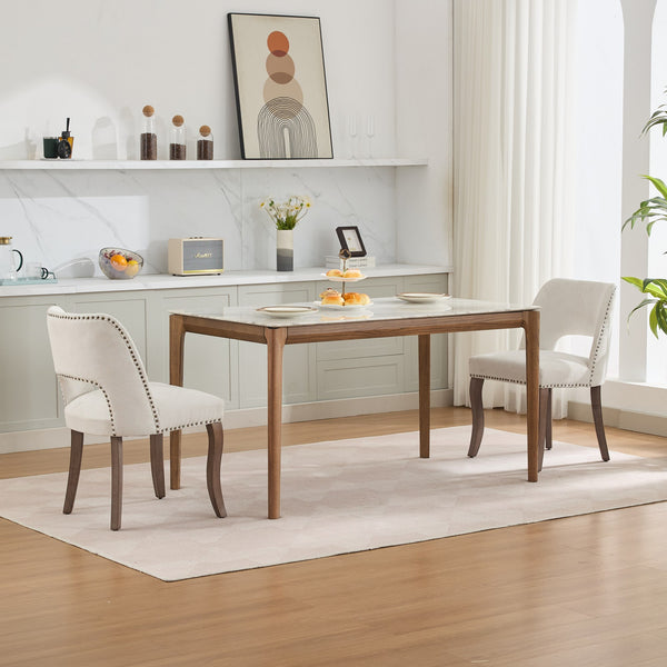 English Elm Wooden Modern Fabric Dining Chairs Set of 2 with Hollow-Out Back, Copper Nail Detail, Curved Legs Beige W1143P372912