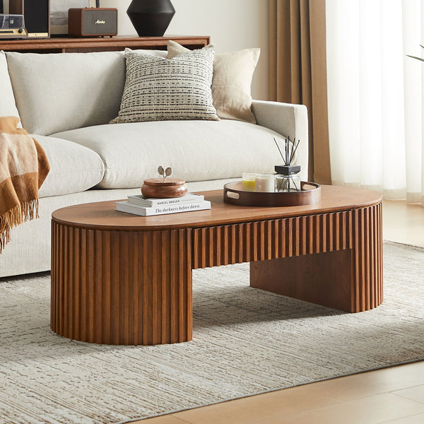English Elm 51.18'' Oval Mdf Coffee Table with Hidden Drawer Mid-century Pedestal Base Brown W876P370284