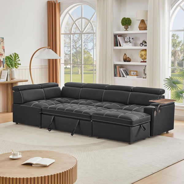 English Elm Black Fabric Sectional Sofa Bed with Storage Ottoman, Pocket Spring Seats, Solid Wood Frame, Modern Durable Design W588S00075
