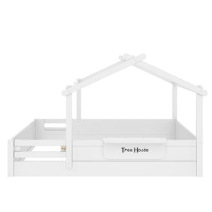 English Elm Queen House Shaped Kids Floor Bed Pine Wood Frame with Guardrails and Personalized Headboard Light White W1580P396334