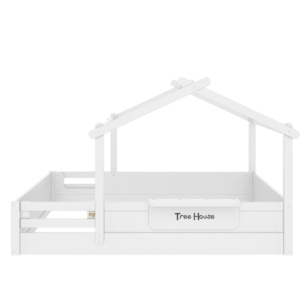 English Elm Queen House Shaped Kids Floor Bed Pine Wood Frame with Guardrails and Personalized Headboard Light White W1580P396334