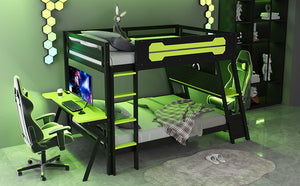 English Elm Full Size Gaming Bunk Bed with Dual Desks Usb Charging Ports and Pegboard Storage Green LT000274AAG