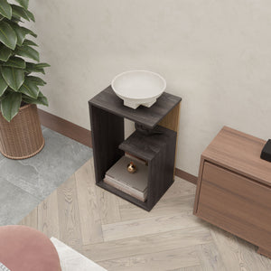 English Elm FM Vega Side Table Melamine Espresso & Natural Oak – Compact 3-Room Nightstand with Open Shelves, Sturdy Storage, 24.9"H B128P293871