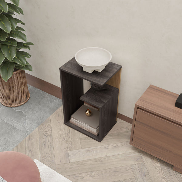 English Elm FM Vega Side Table Melamine Espresso & Natural Oak – Compact 3-Room Nightstand with Open Shelves, Sturdy Storage, 24.9"H B128P293871