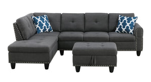 English Elm Black Faux Leather Sectional Sofa with Cup Holders Storage Ottoman and Nailhead Trim Dark Gray B2730S00025