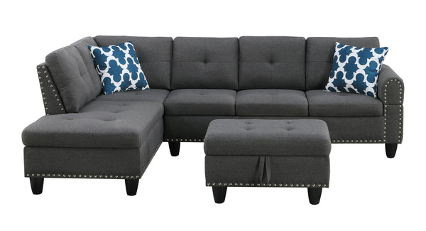 English Elm Black Faux Leather Sectional Sofa with Cup Holders Storage Ottoman and Nailhead Trim Dark Gray B2730S00025