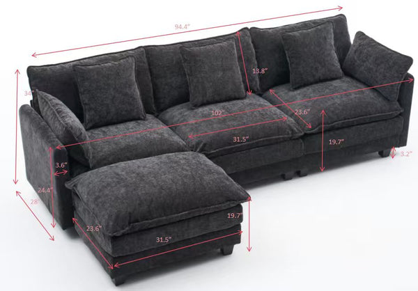 English Elm Beige Chenille Sectional Sofa with Modular Ottoman for Living Room or Studio Black W2603S00006