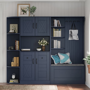 English Elm Multifunctional Modular Hall Tree Cabinet with Open Shelves and Hooks for Entryway Antique Blue W1580S00520