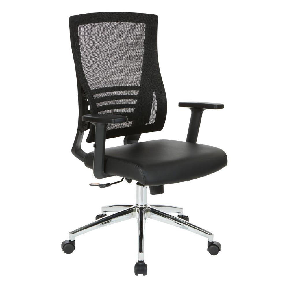 OSP Home Furnishings Black Mesh and Faux Leather Office Chair with Lumbar Support and Chrome Rolling Base EM60930C-EC3