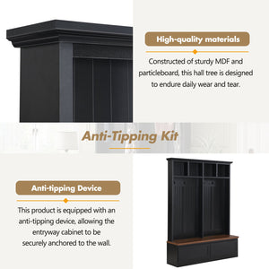 English Elm Rattan Door Hall Tree Bench with 6 Hooks Farmhouse Entryway Storage Black + Dark Walnut N721S000076B