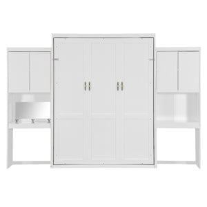English Elm Queen Wall Bed with Integrated Desk Vanity and Cabinet Storage for Studio Rooms White N820S10057K-1
