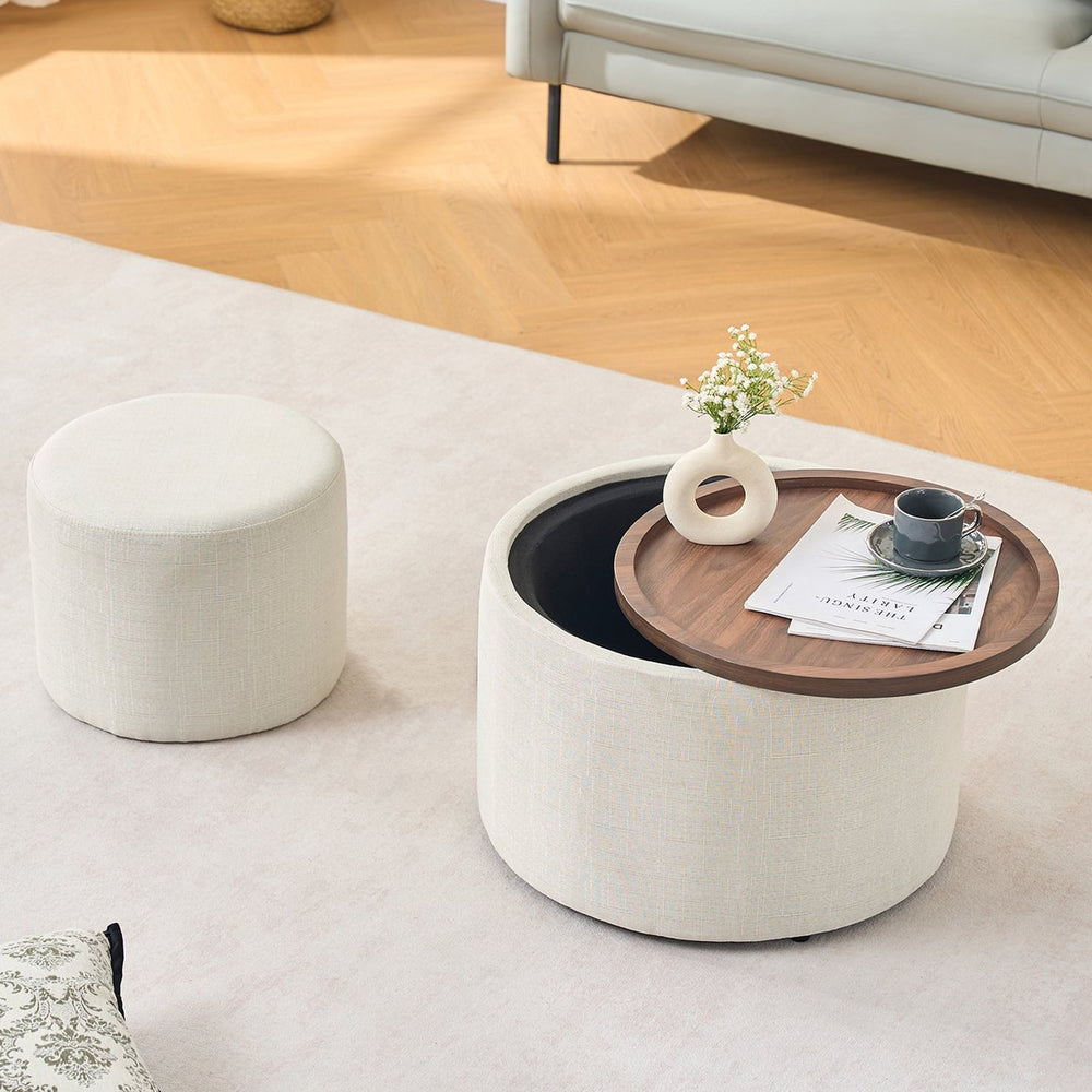English Elm Ball Cast Round Nesting Ottoman Set Linen Upholstered Hidden Storage with Wooden Tray Beige W3163P379373
