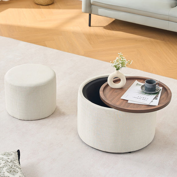 English Elm Ball Cast Round Nesting Ottoman Set Linen Upholstered Hidden Storage with Wooden Tray Beige W3163P379373