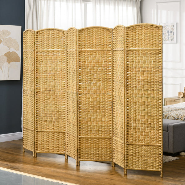 English Elm HOMCOM Hand-Woven 6-Panel Room Divider 6' Tall Folding Privacy Screen Paulownia Frame Natural Wood W2225P217942