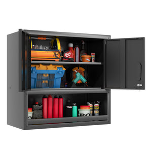 English Elm Metal Wall Mounted Steel Cabinet Locking Doors Open Drawer Garage Workshop Storage T2398P374169