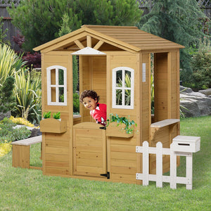 English Elm Outsunny Kids Wooden Backyard Cottage Playhouse with Mailbox Bench and Windows W2225P217338