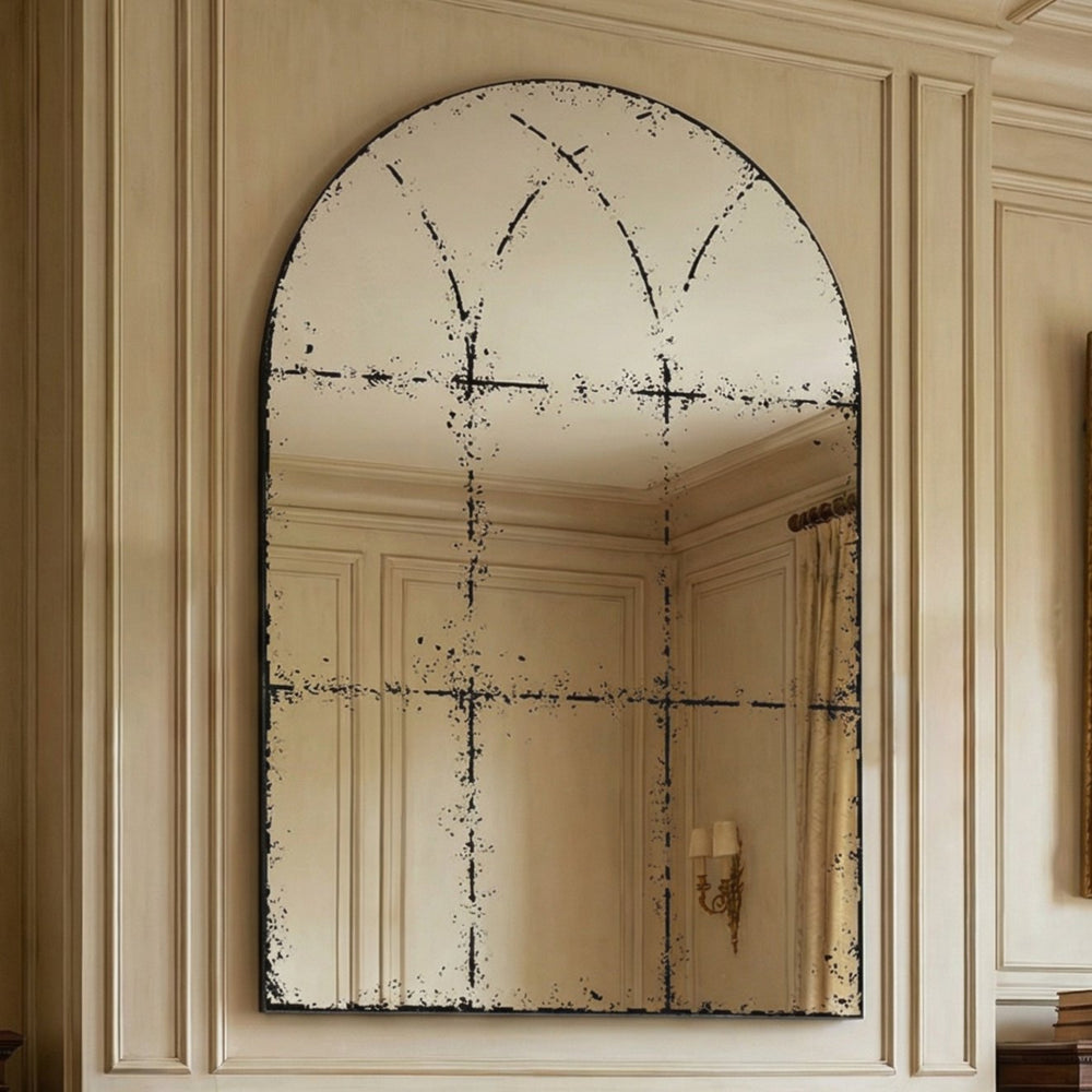 English Elm Semicircular Arch Wall Mirror Weathered Iron Frame Vintage Industrial Foyer Decor W3935P481190