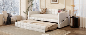 English Elm Modern Velvet Twin Daybed with Pull Out Trundle and Built in Armrest Storage Pockets Beige SF000200AAA
