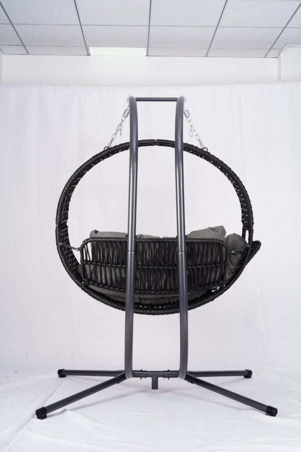 English Elm Double Hanging Egg Chair with Stand, Oversized 2-Person Rattan Swing, Convertible Recline, 700lb Capacity W2500P288856
