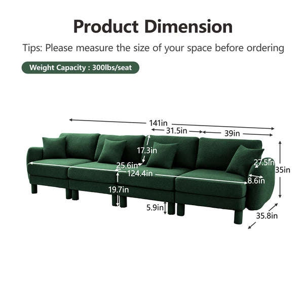 English Elm Boucle 4-Seater Sofa With Sculptural Shell Armrests & Soft Boucle Fabric In Elegant Green Color W3041S00311