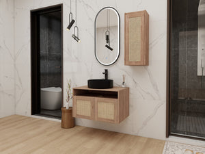 English Elm 30" Floating Bathroom Vanity Set with Ceramic Vessel Sink and Rattan Side Cabinet W999S00496