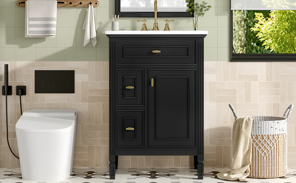 English Elm 24-Inch Bathroom Vanity with Sink, Solid Wood & MDF, Ceramic Top, Gold Handles, Flip Drawer Design Black N725P350824B