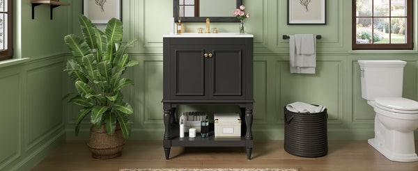 English Elm 24'' French Style Bathroom Vanity with Ceramic Sink Soft Close Cabinet and Drawer Black N710P411341B