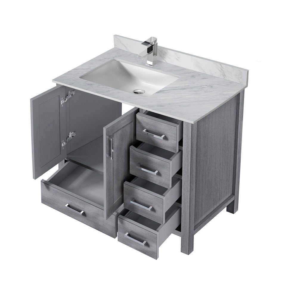English Elm Distressed Grey 36" Bath Vanity with Left Carrara Marble Top, Soft-Close Drawers & Chrome Faucet Set B2731P259041