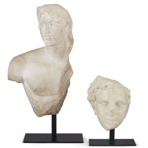 Greek Princess Head Fragment Sculpture - Aged Beige Artistry on Black Metal Base for Timeless Decor