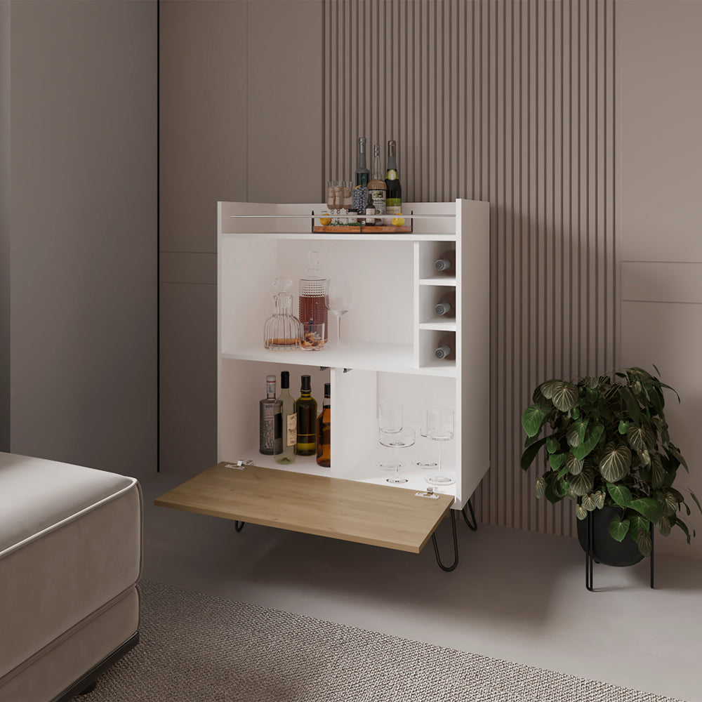 English Elm Platea Sleek Bar Cabinet with Wine Rack and Hairpin Legs, White & Macadamia Engineered Wood Storage B092P286110