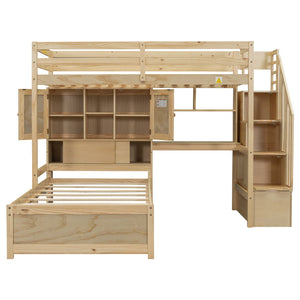 English Elm Twin Over Twin Loft Bed with Built-In Desk, Stairs, Shelving and Storage Headboard for Space-Saving Rooms Natural GX000465AAN