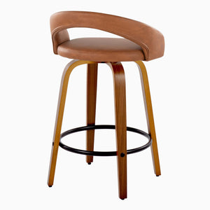 English Elm Fixed-height Swivel Counterstools Mahogany Wood Chrome Footrest Velvet Seat Set of 2 Camel B202S01774
